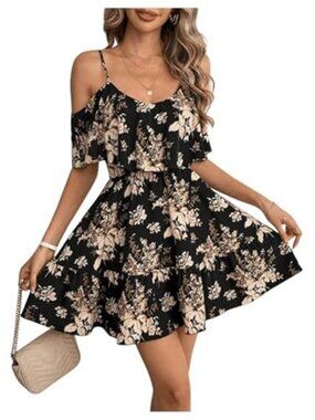 Women's Boho Floral Print Cold Shoulder Dress Short Sleeve Ruffle A  Line